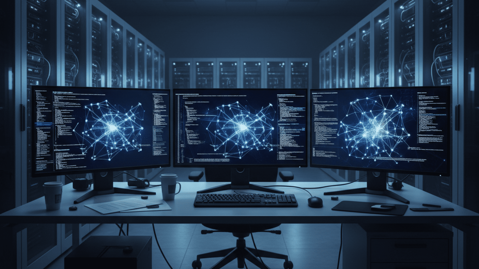 A university computer science laboratory featuring multiple monitors displaying neural network architectures and data streams.