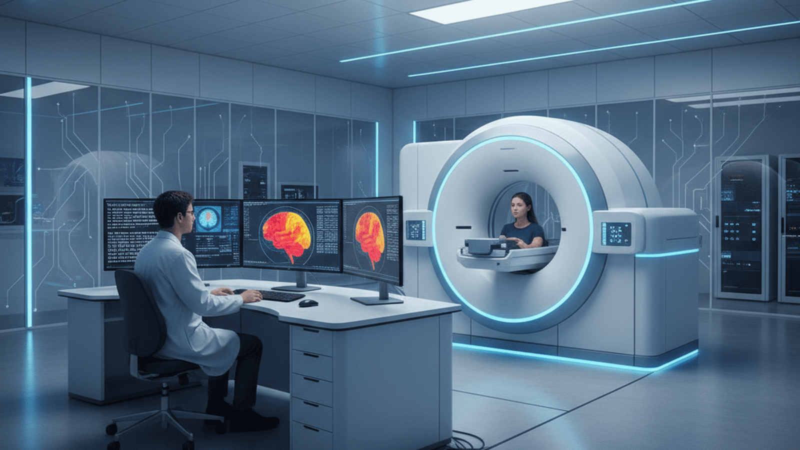 A researcher monitors brain activity data on computer screens next to an fMRI scanner in a university laboratory.