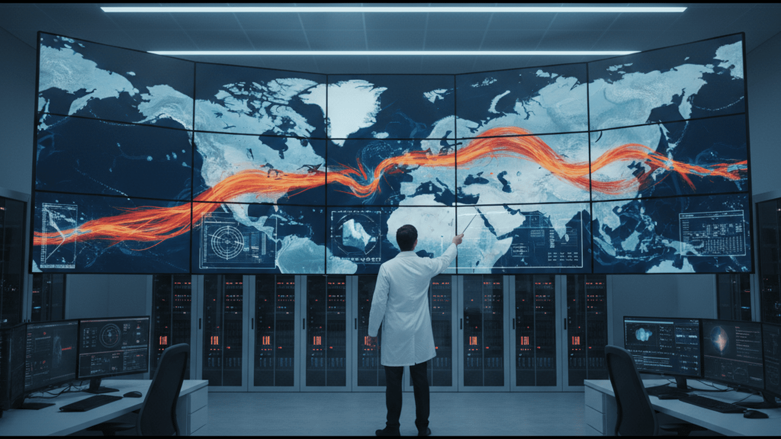 A scientist analyzes a complex digital simulation of Atlantic Ocean currents on a large screen in a university research facility.