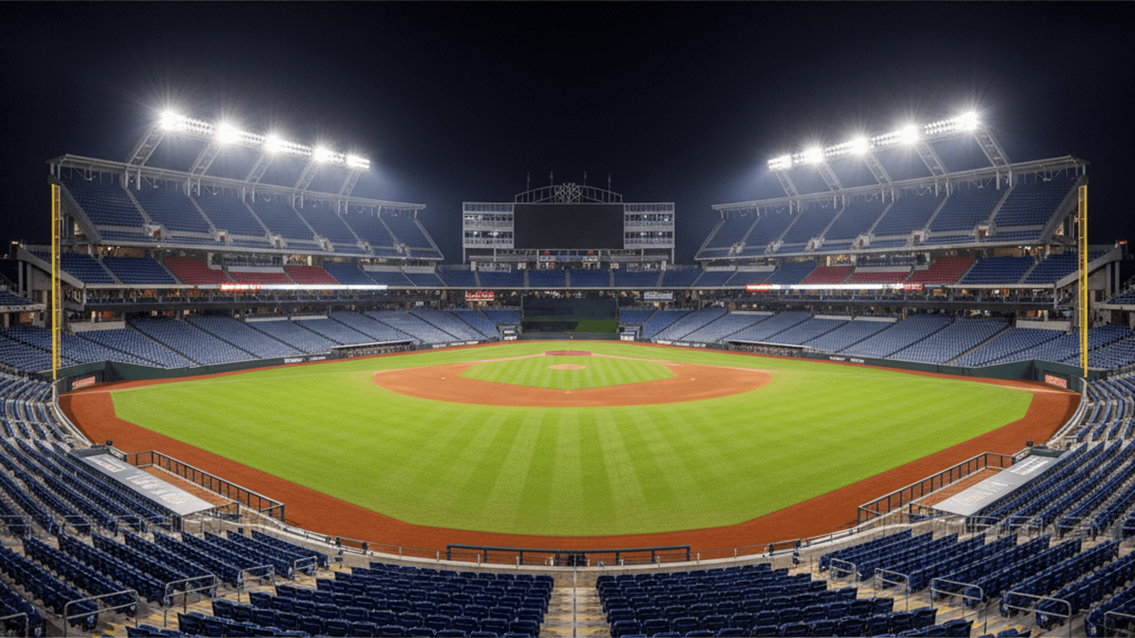 A wide shot of a professional baseball stadium at night, highlighting the orderly layout of the field and stands.