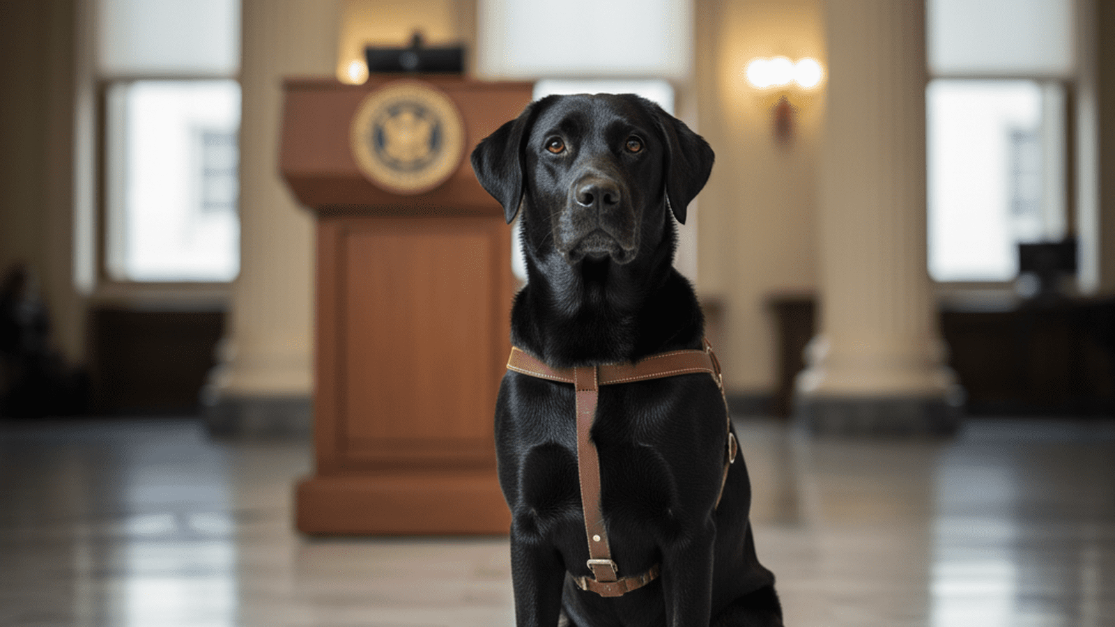A black Labrador service dog sits patiently near a podium in a state capitol building.