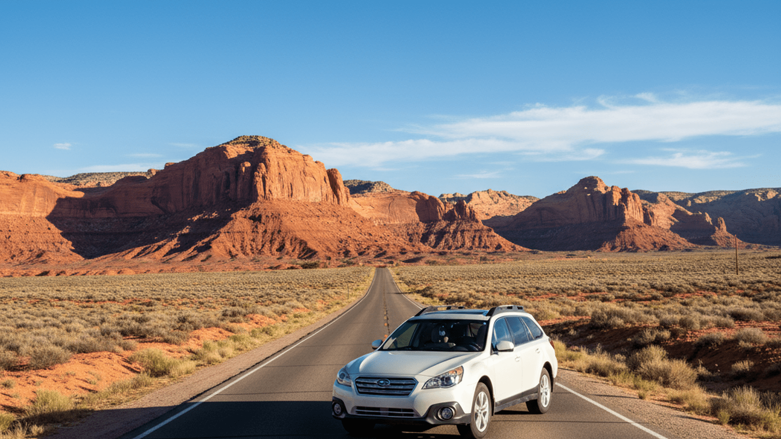 A white Subaru Outback parked on a desert road in southeastern Utah with red rock cliffs in the background.