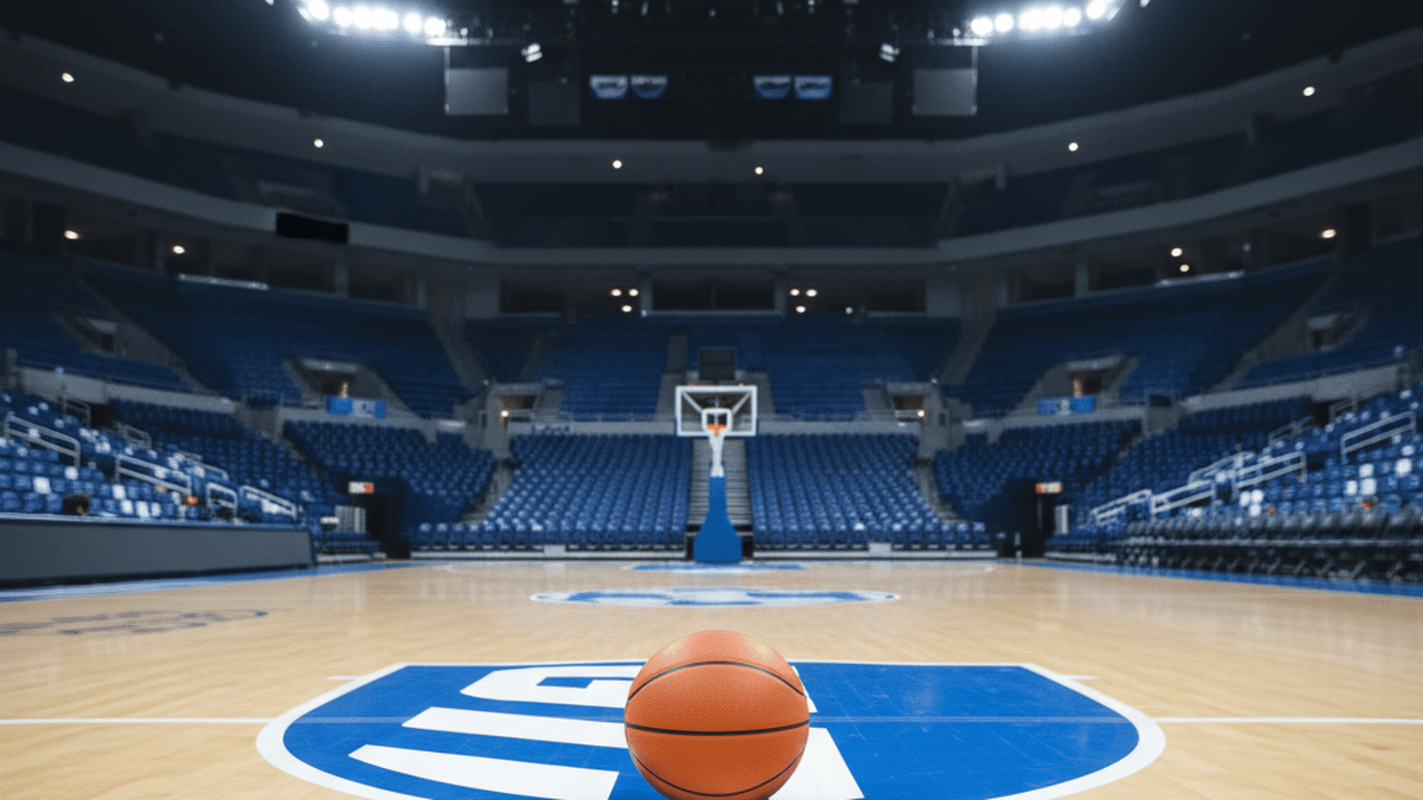 A high-resolution photograph of a pristine basketball court prepared for a major tournament.