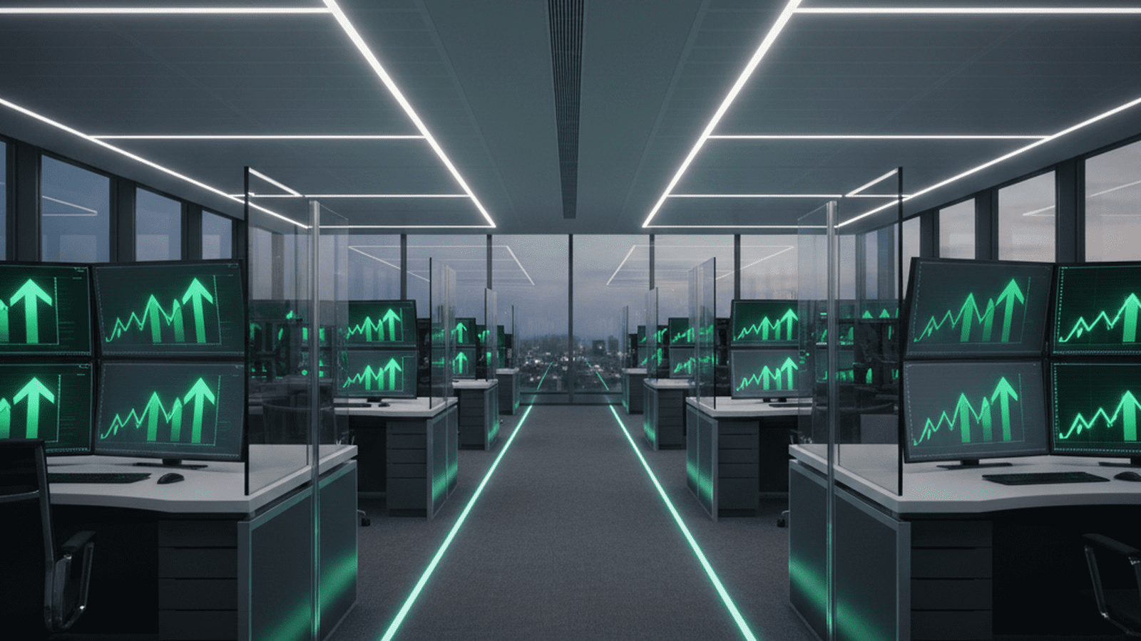 The floor of the New York Stock Exchange shows green market indicators and falling oil prices on digital screens.