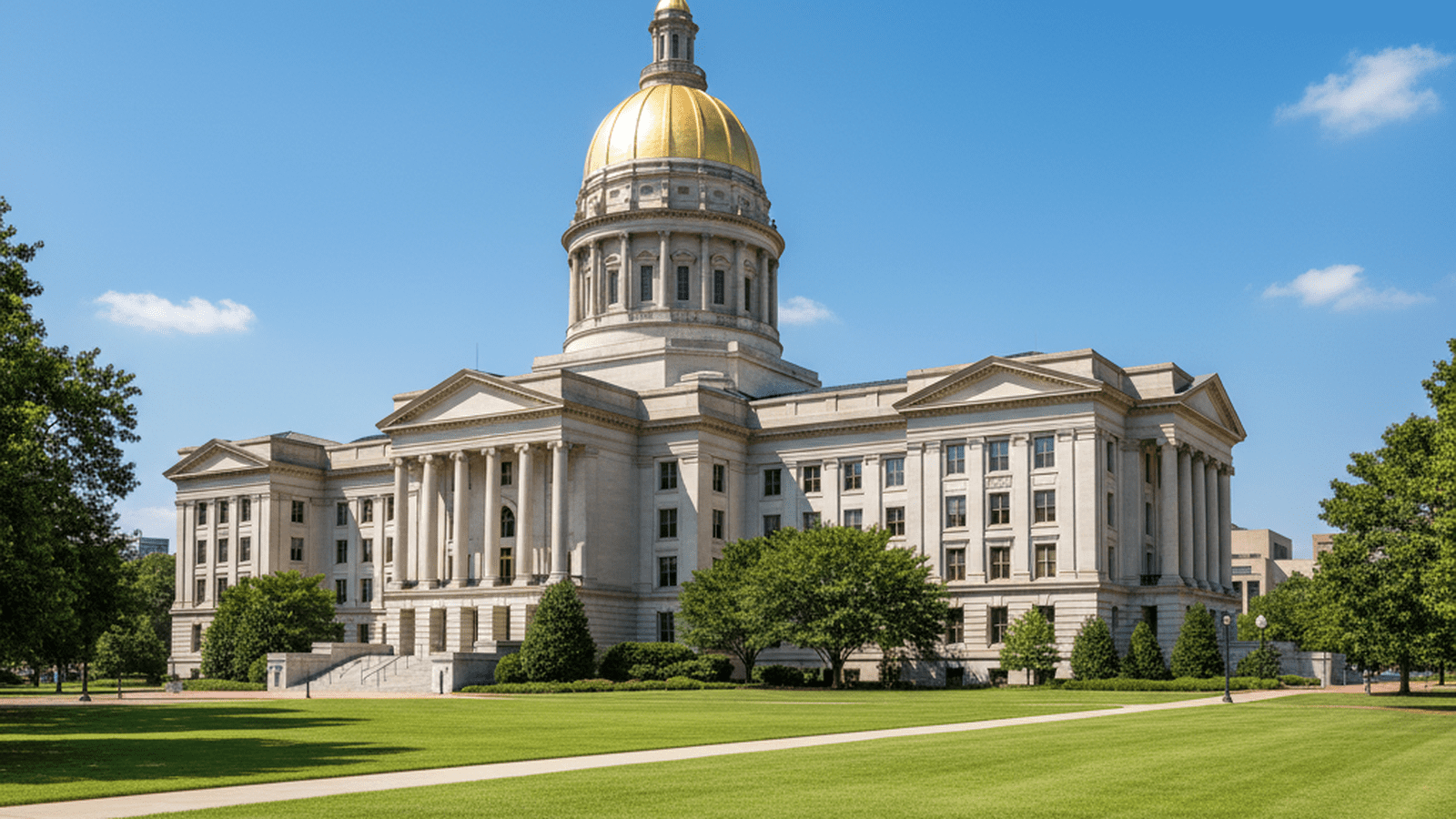 The Georgia State Capitol building stands prominently under a clear blue sky, representing the seat of state government and the rule of law.