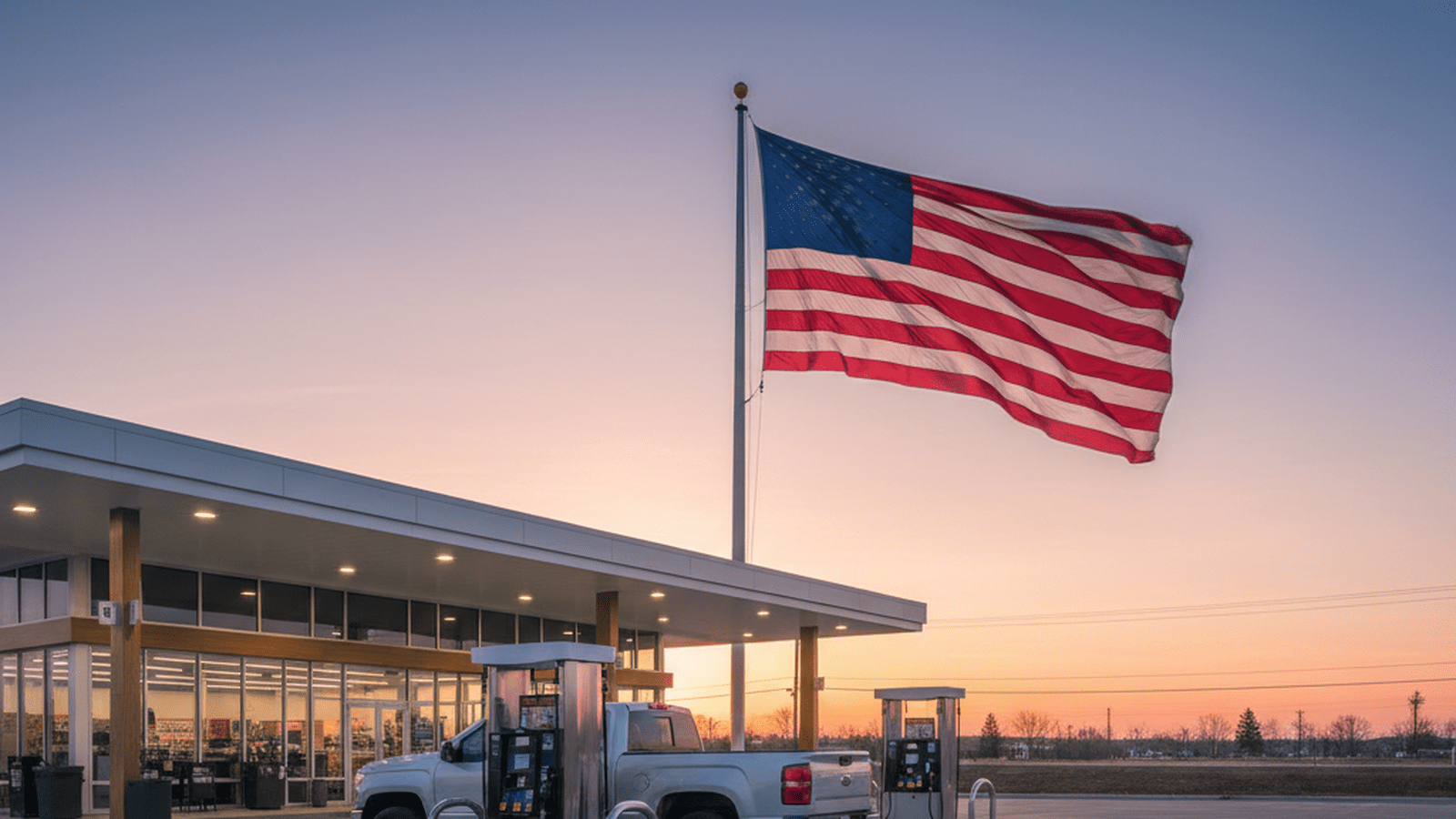 A silver pickup truck at a gas station pump under a large American flag at dawn.