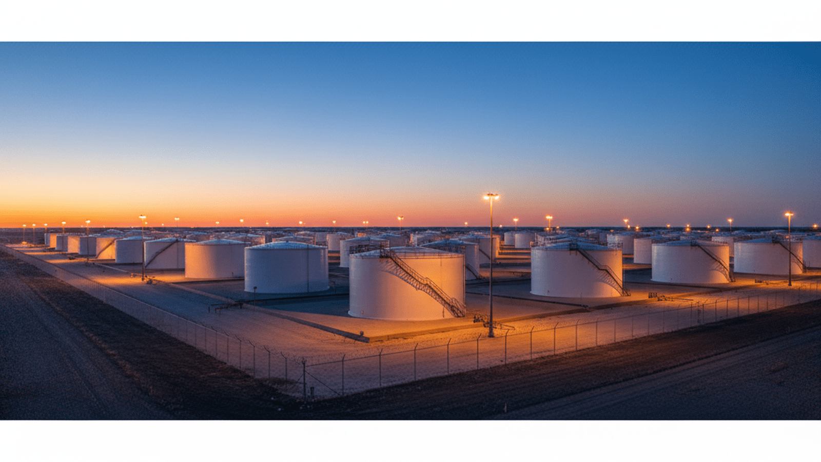 A series of large white industrial oil storage tanks at a refinery under a calm evening sky.