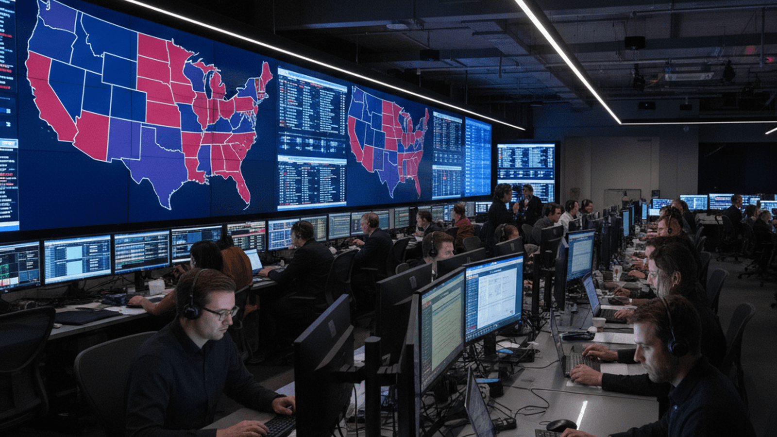 A high-tech election operations center with digital maps and data charts on large screens.