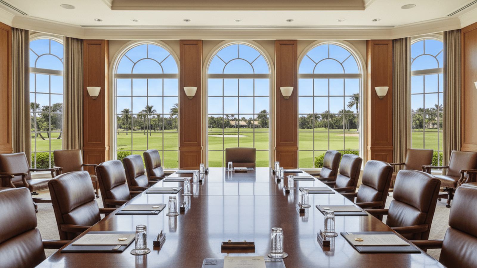 A formal diplomatic summit room at a Florida resort with official documents and a view of a golf course.