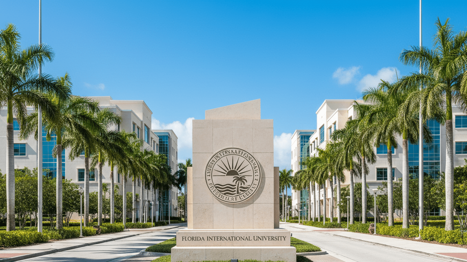The entrance to Florida International University stands clean and orderly under a bright sky.