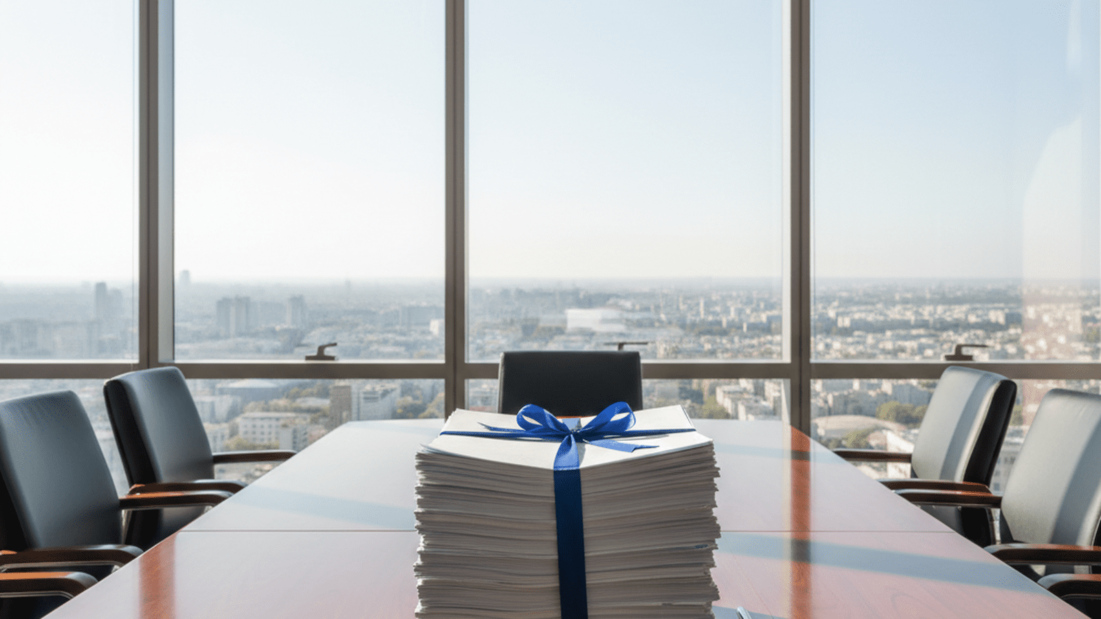 A clean and organized government office featuring a stack of bound documents on a mahogany table.