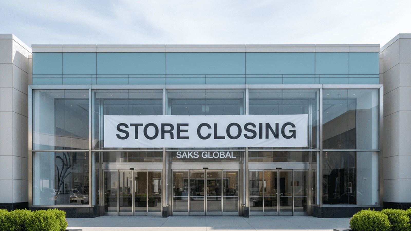 A department store storefront with a sign announcing a closing sale as part of a restructuring plan.