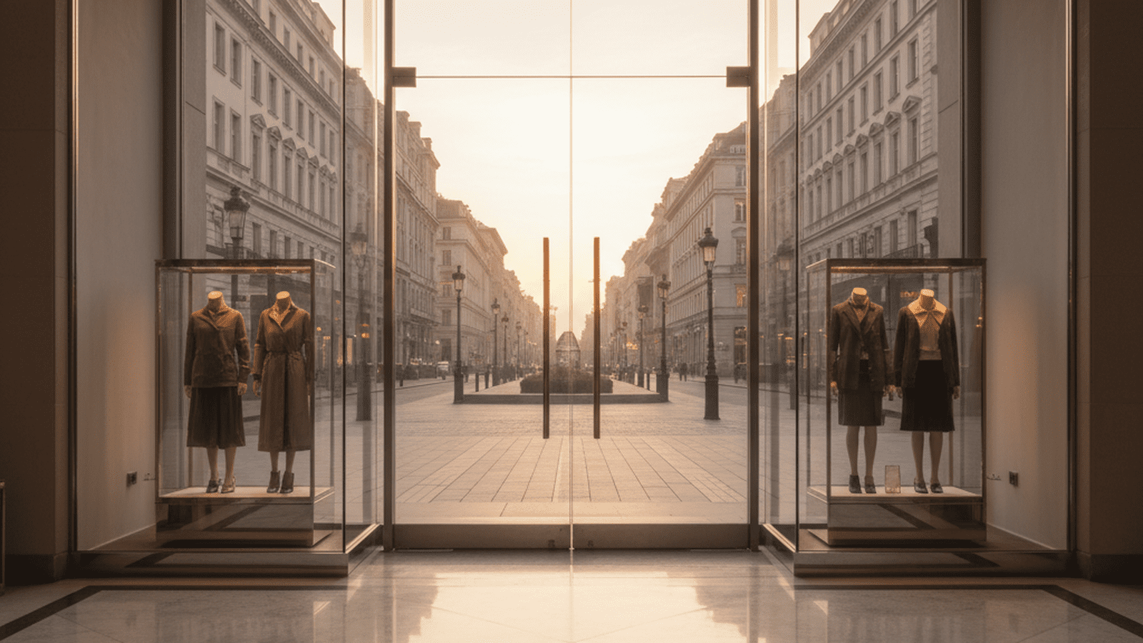 A luxury department store entrance with a sign about restructuring.