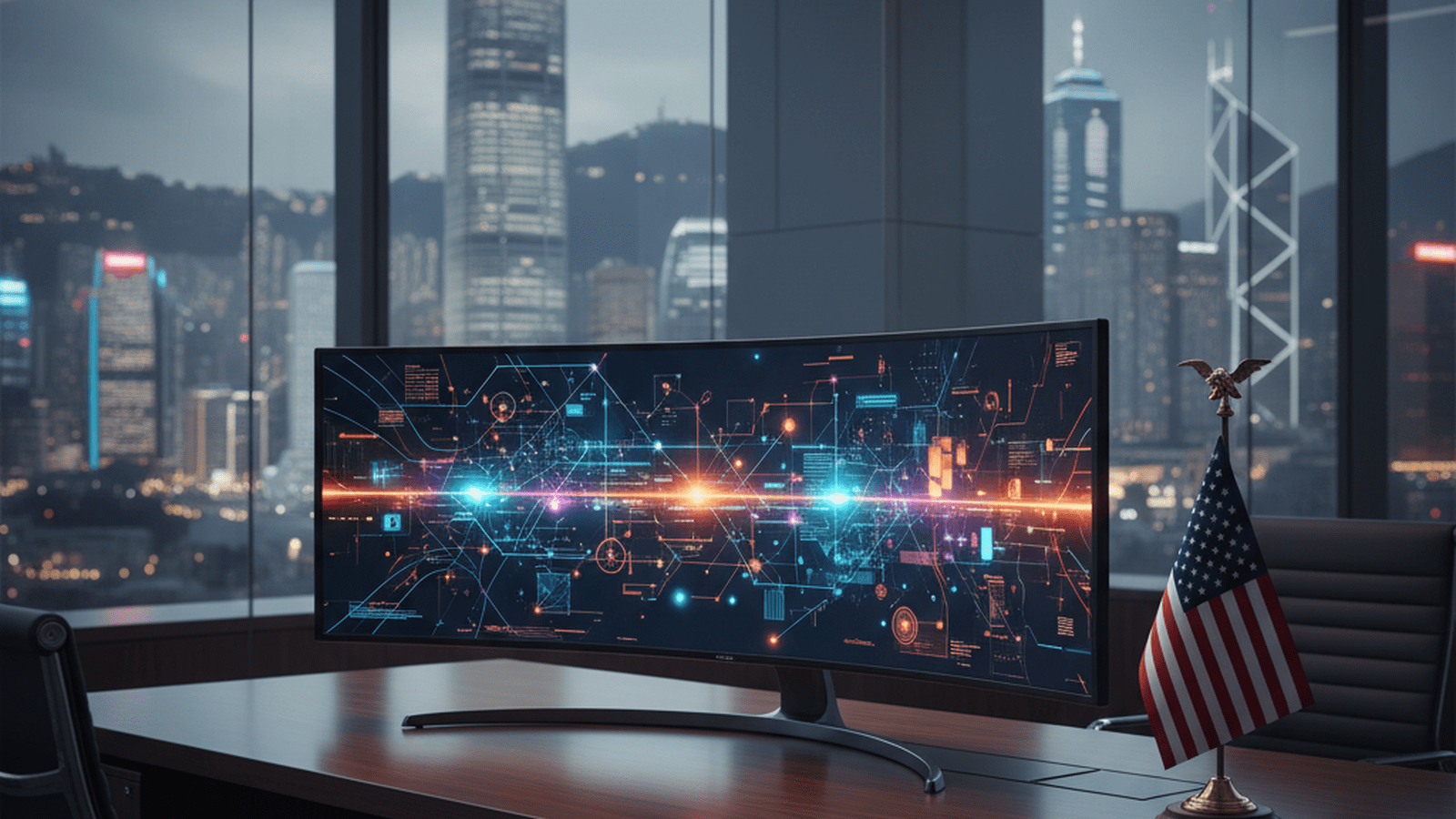 A digital display shows the TikTok logo and the American flag in a modern setting.