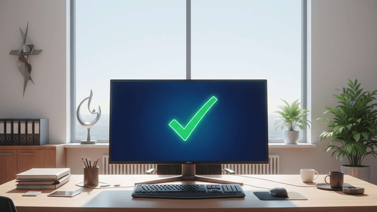 A government computer screen showing a compliance verification message and a national seal in a clean office.