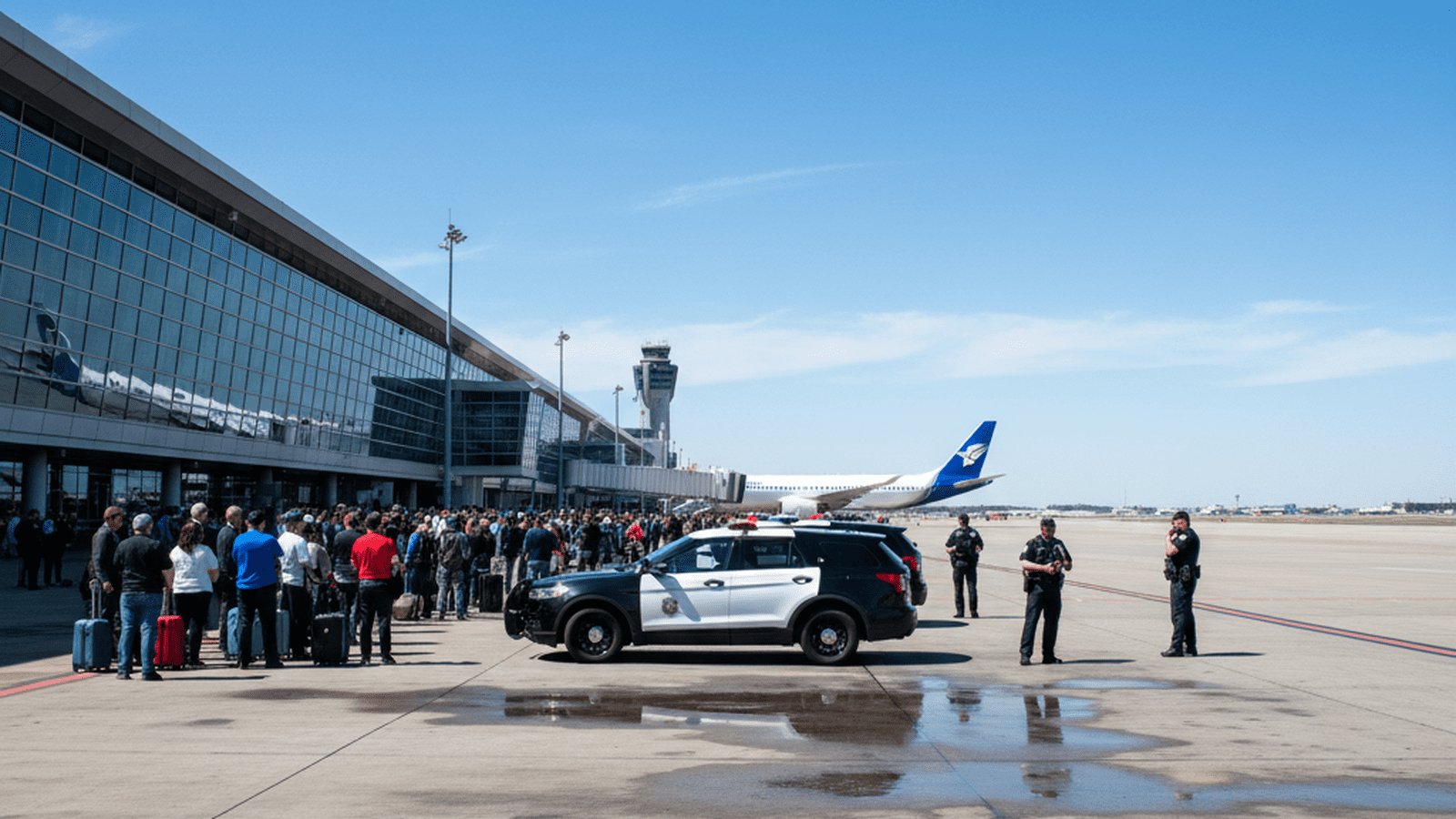 A large group of people stands in an orderly fashion on an airport tarmac near police vehicles during a security evacuation.