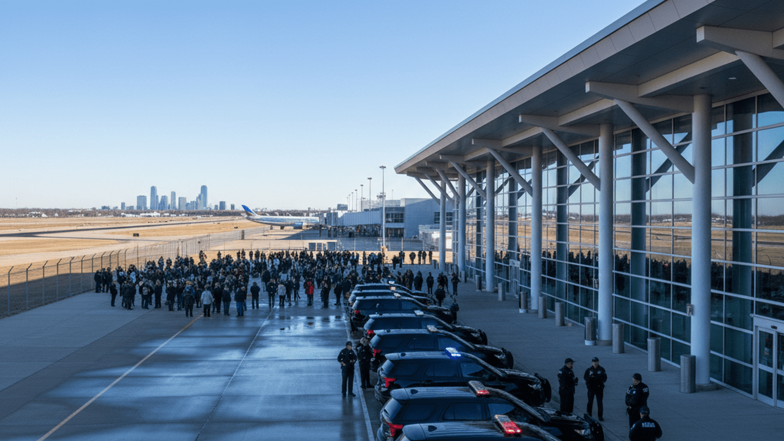 Police vehicles parked outside the Kansas City International Airport terminal during a security investigation.