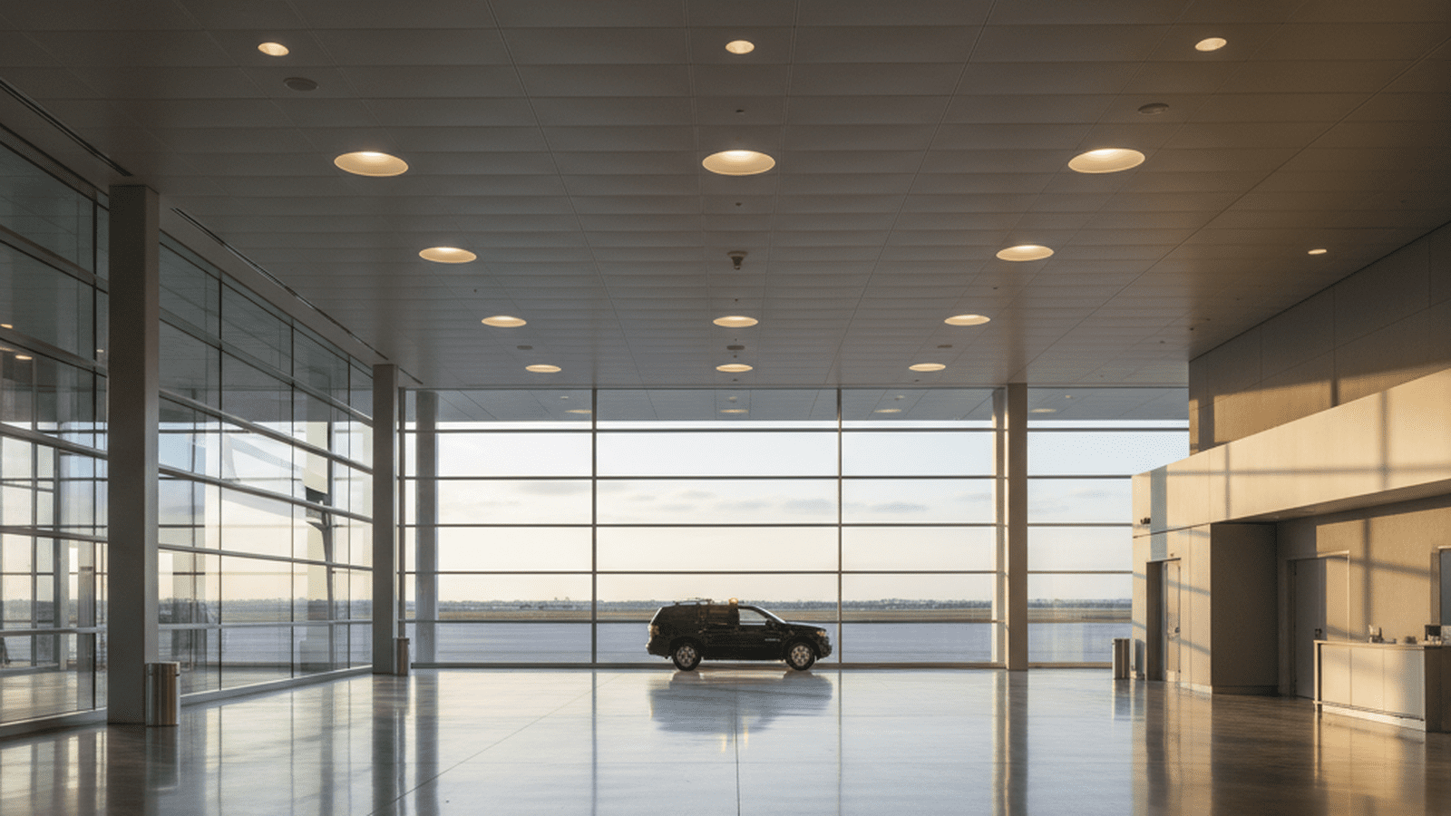 An empty airport terminal with large windows and a clear view of the tarmac under a bright sky.