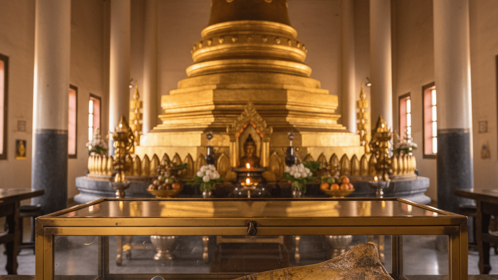 A golden stupa and a glass display case containing colorful crystals and a bone relic inside a Buddhist temple.