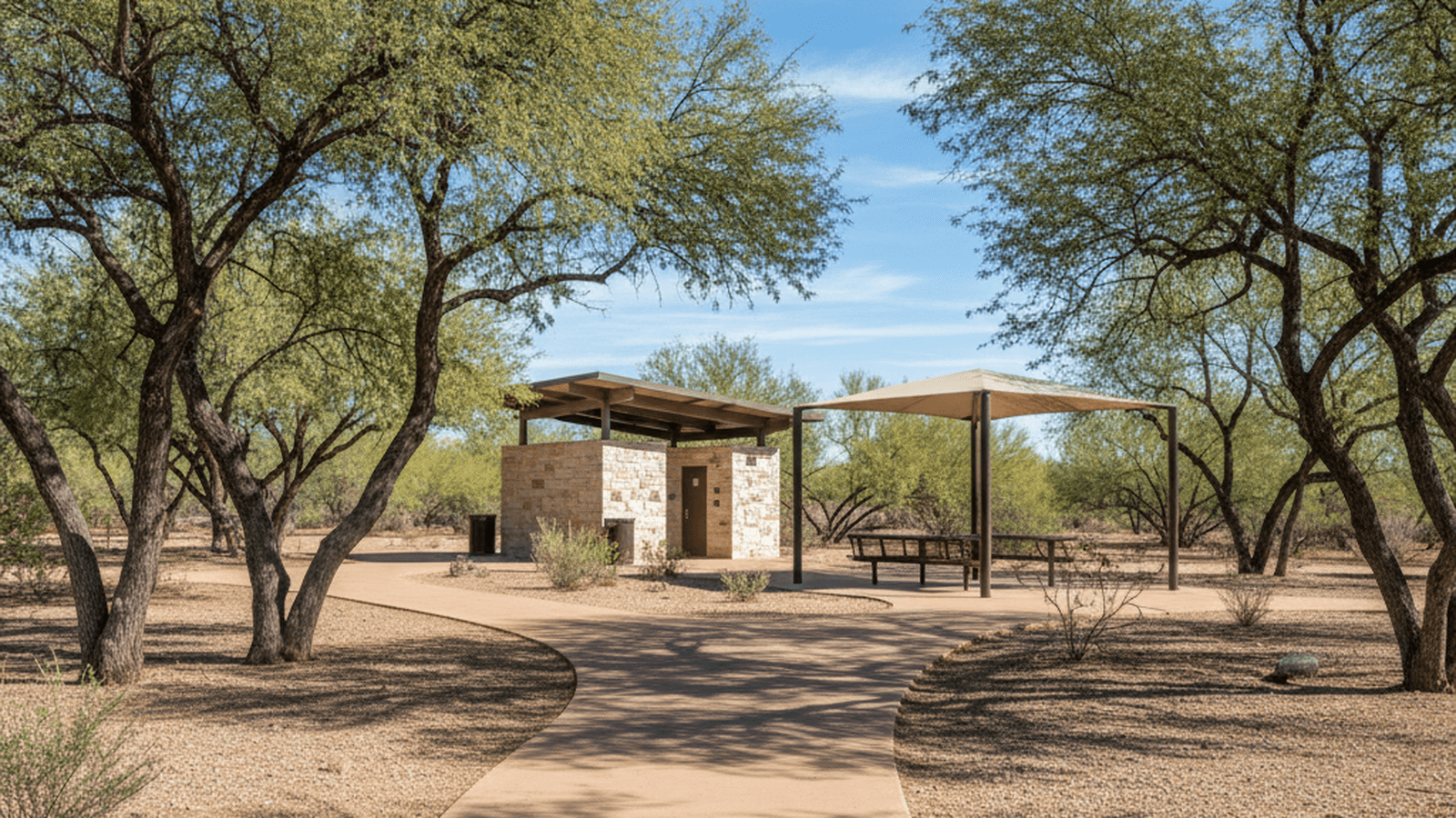 A smooth, flat dirt trail in a desert park with accessible facilities and clear signage.