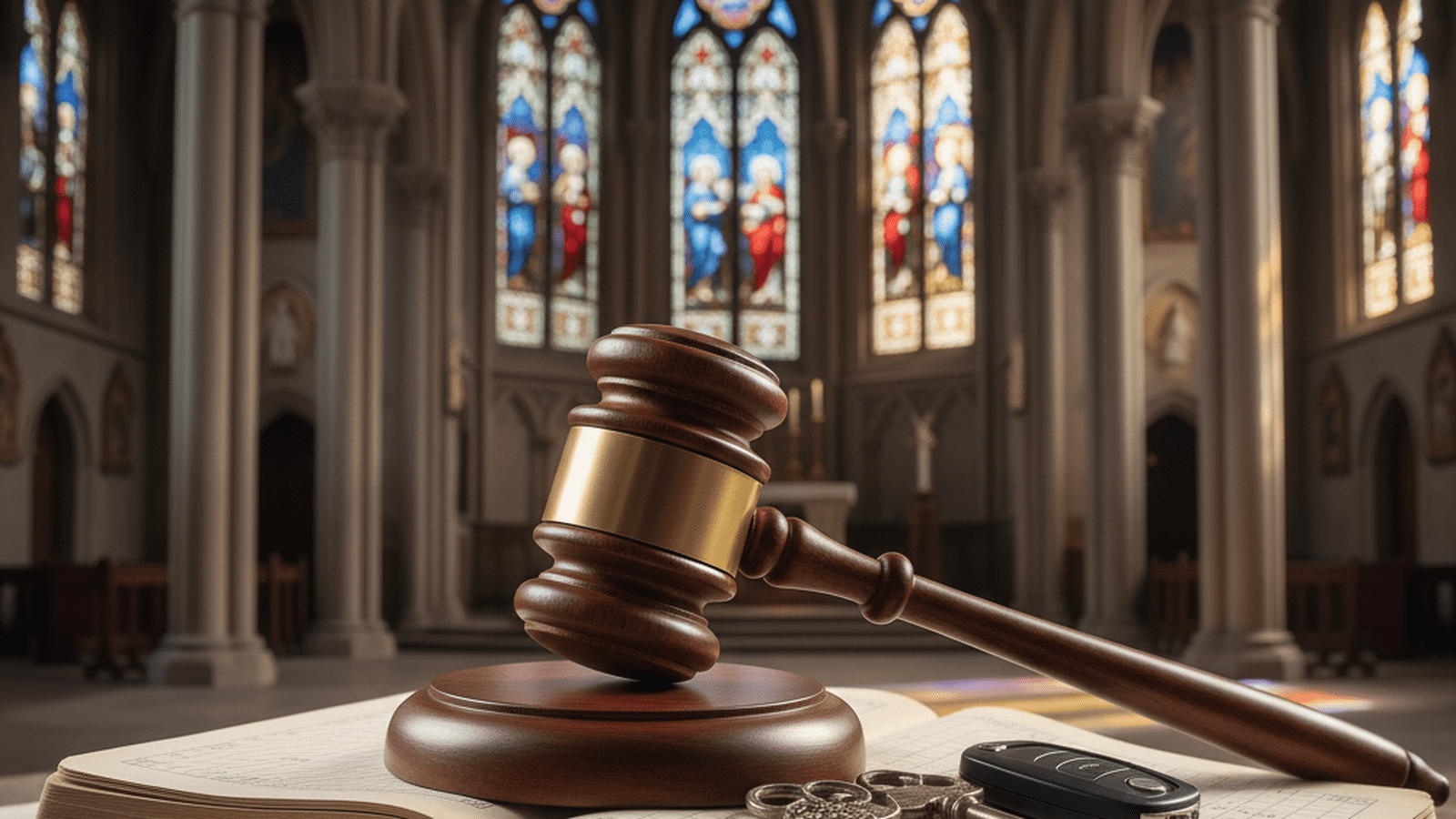 A gavel sits on top of financial ledgers and keys in a church setting.