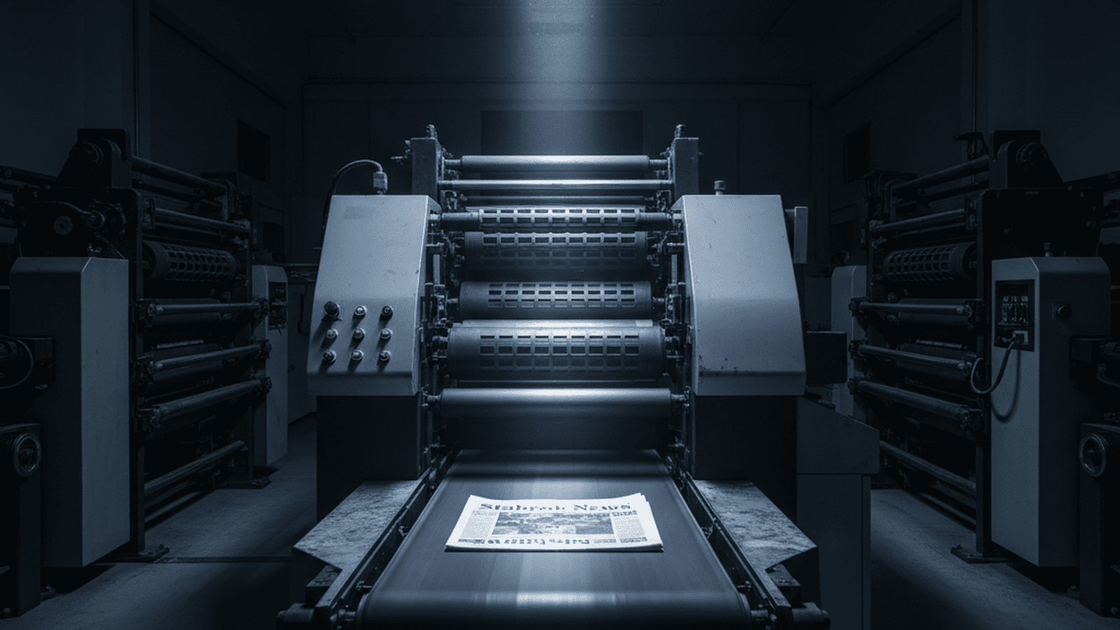 A final edition of a newspaper sits on a stopped printing press in a quiet, clean facility.