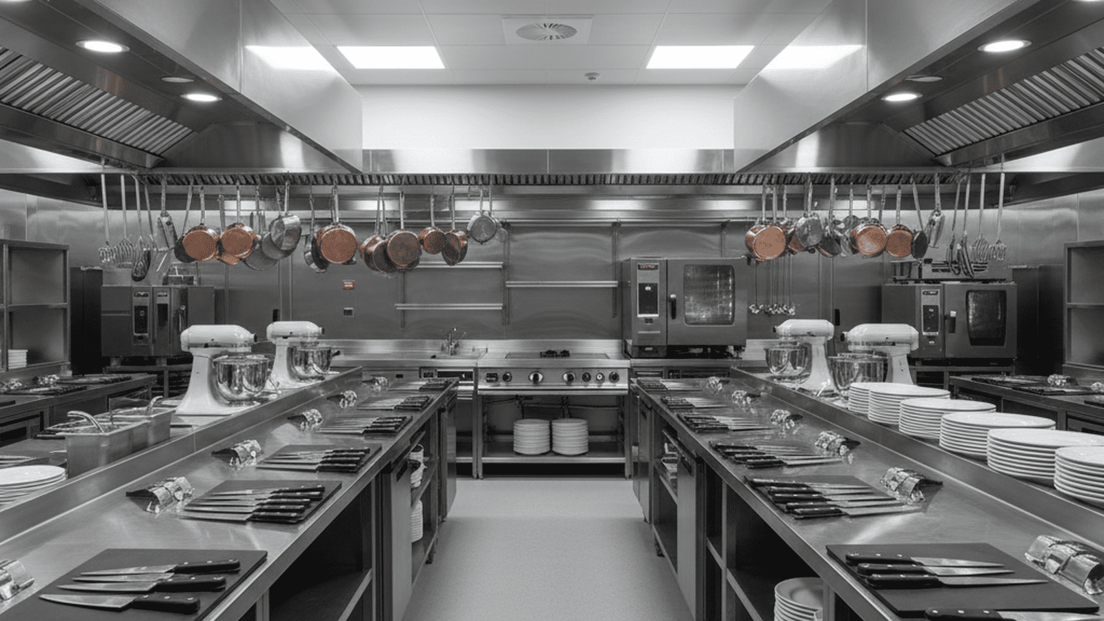 A perfectly organized and sterile modern commercial kitchen with stainless steel surfaces.