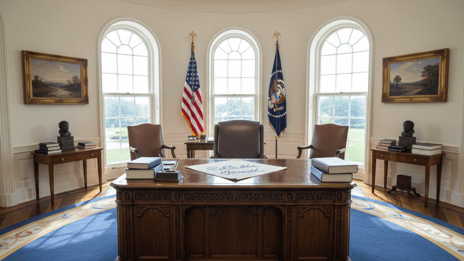 The Oval Office with a signed executive order on the Resolute Desk.