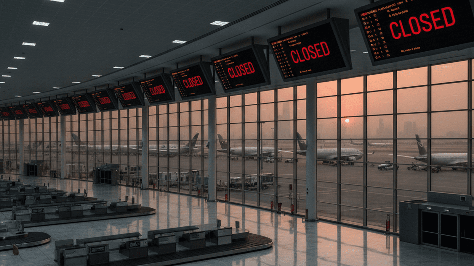 A deserted airport terminal with cancelled flights and grounded planes under a smoky sky.