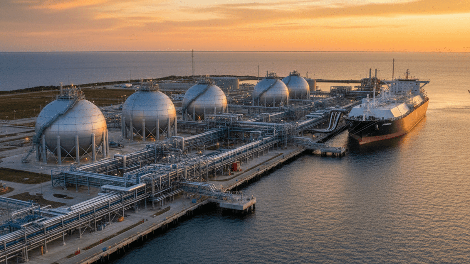 A modern and orderly American LNG export facility on the Gulf Coast during a calm sunset.