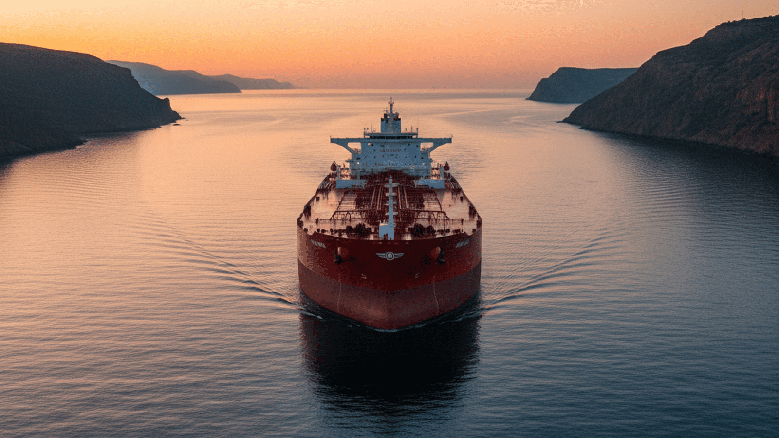 A large oil tanker travels through a calm sea at sunset, representing the orderly flow of global energy supplies.