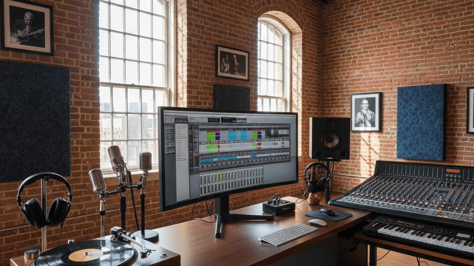 A modern digital workstation and a vintage record player sit together in a professional office setting.