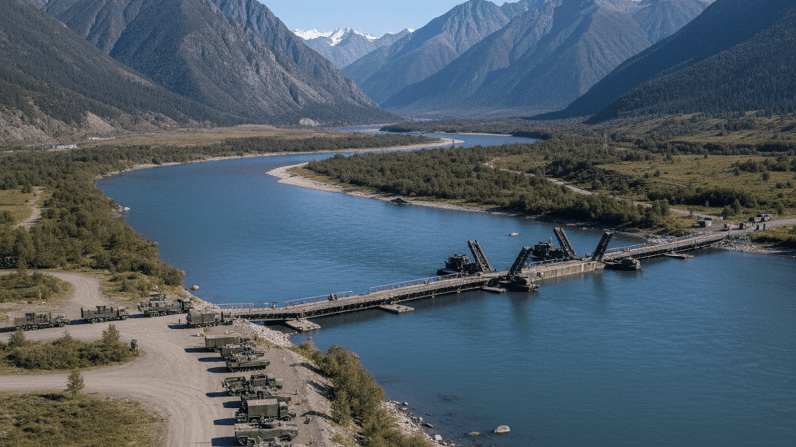 Armored military vehicles wait to cross a floating bridge during a river-crossing exercise.