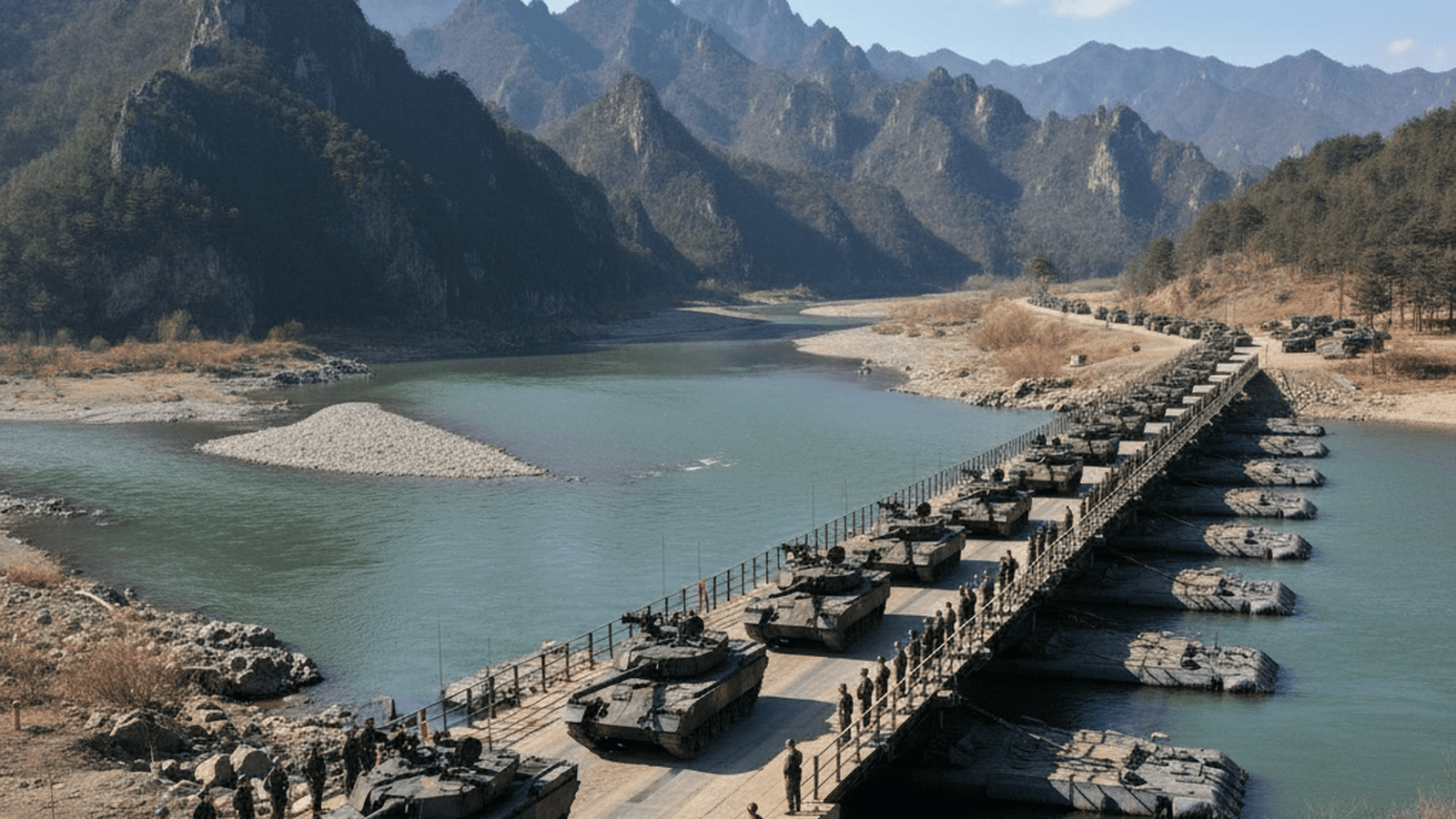 Armored military vehicles cross a floating bridge during a joint exercise in a mountainous river valley.