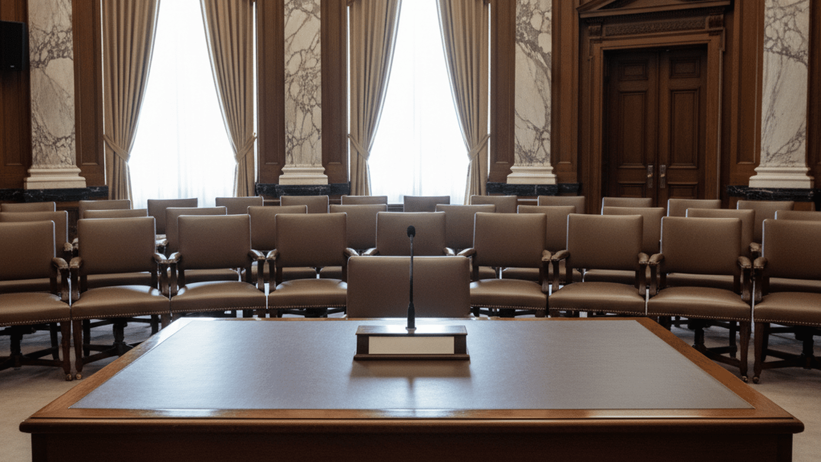 A formal Senate hearing room prepared for testimony from the Secretary of Homeland Security.