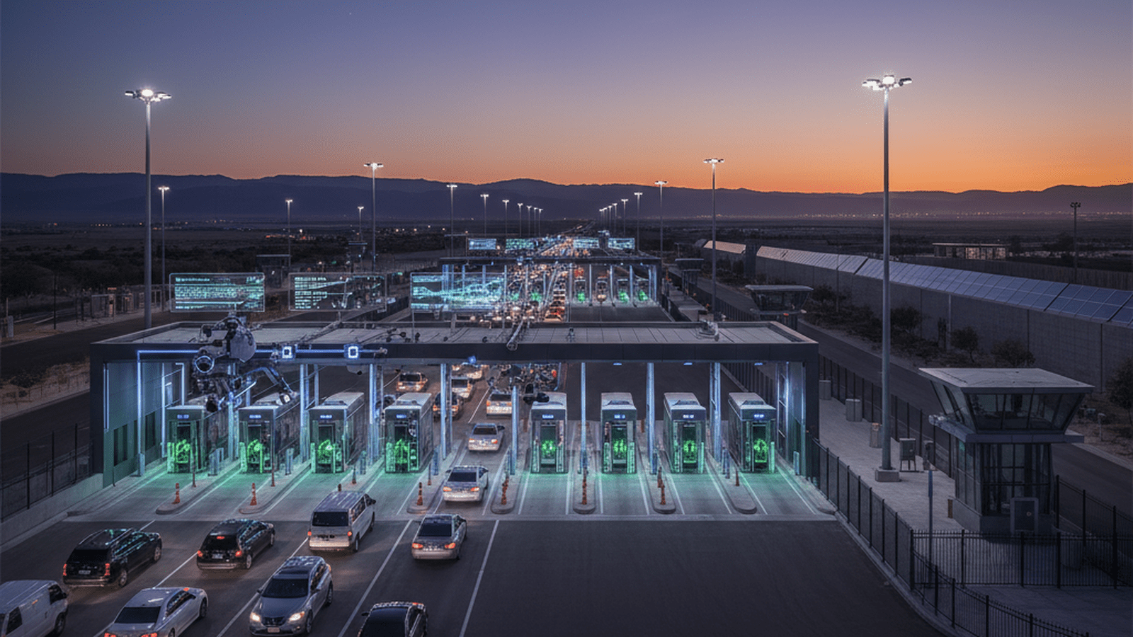 A modern border security checkpoint uses advanced technology to monitor vehicle traffic under a clear evening sky.
