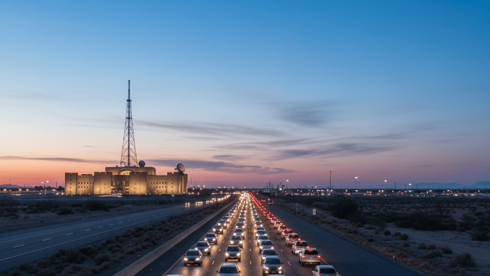 A long line of cars travels down a highway toward a government facility at dusk.