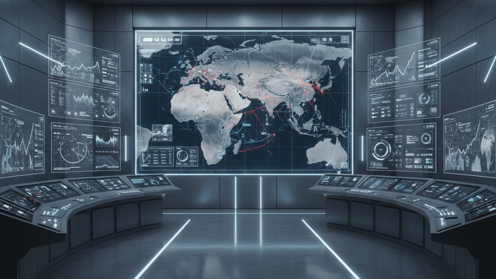 A high-tech military briefing room with a digital map of the Middle East on a large screen.