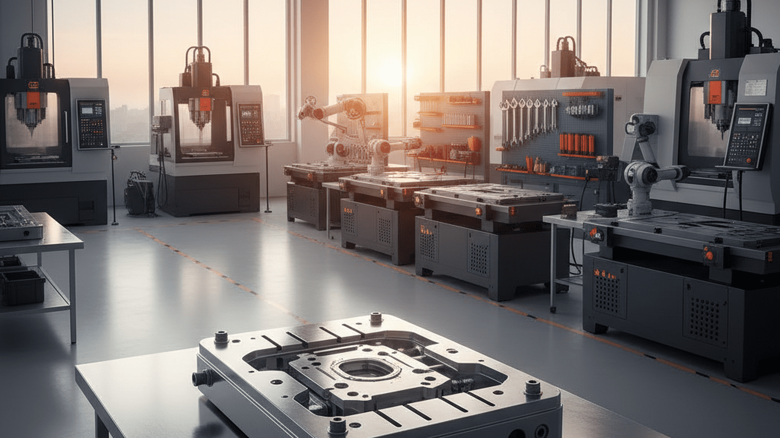 A precision steel mold for a classroom chair sits on a workbench in a modern Arkansas factory at sunrise.
