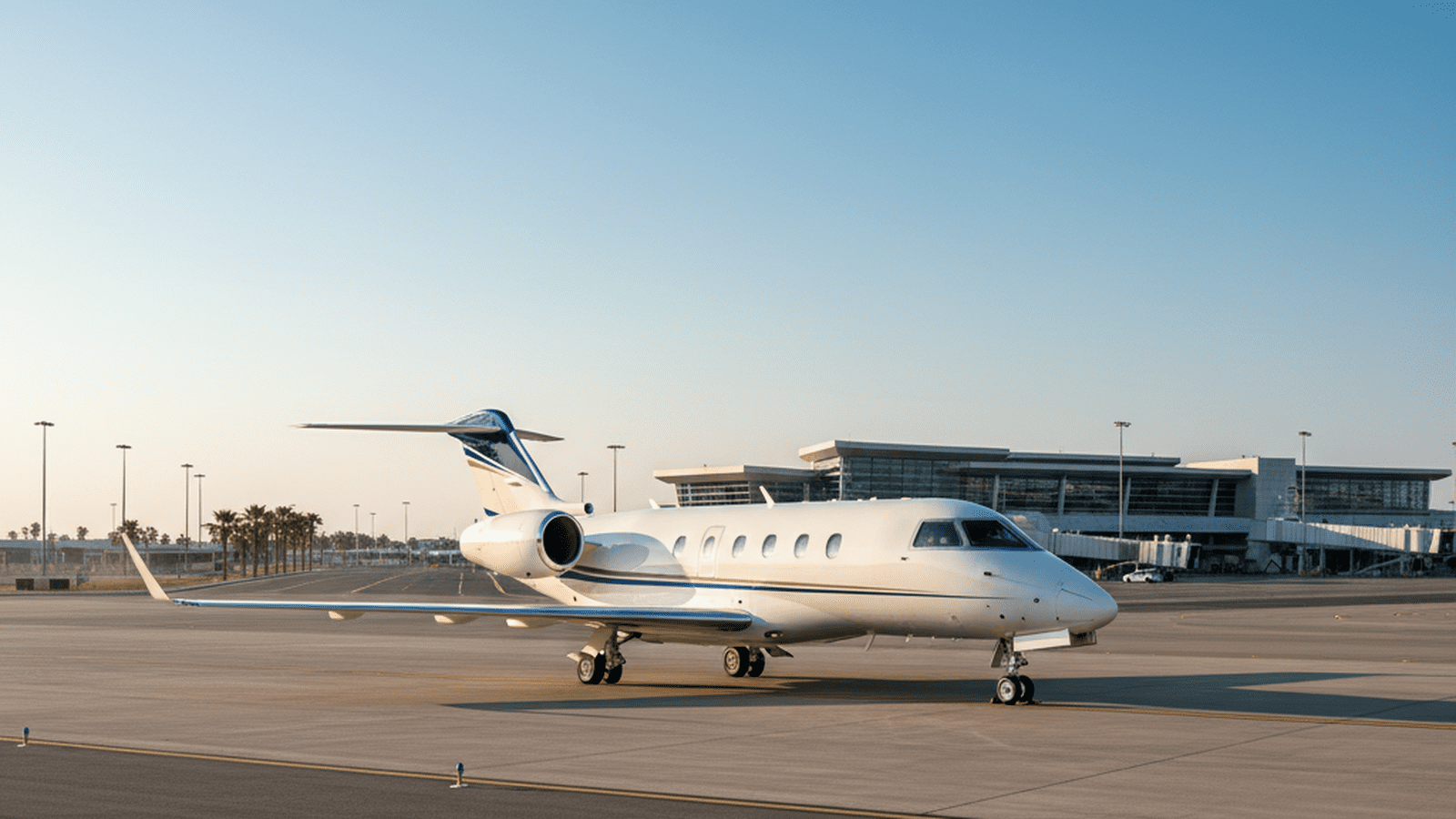 A large white charter plane sits on an airport runway under a bright sun.