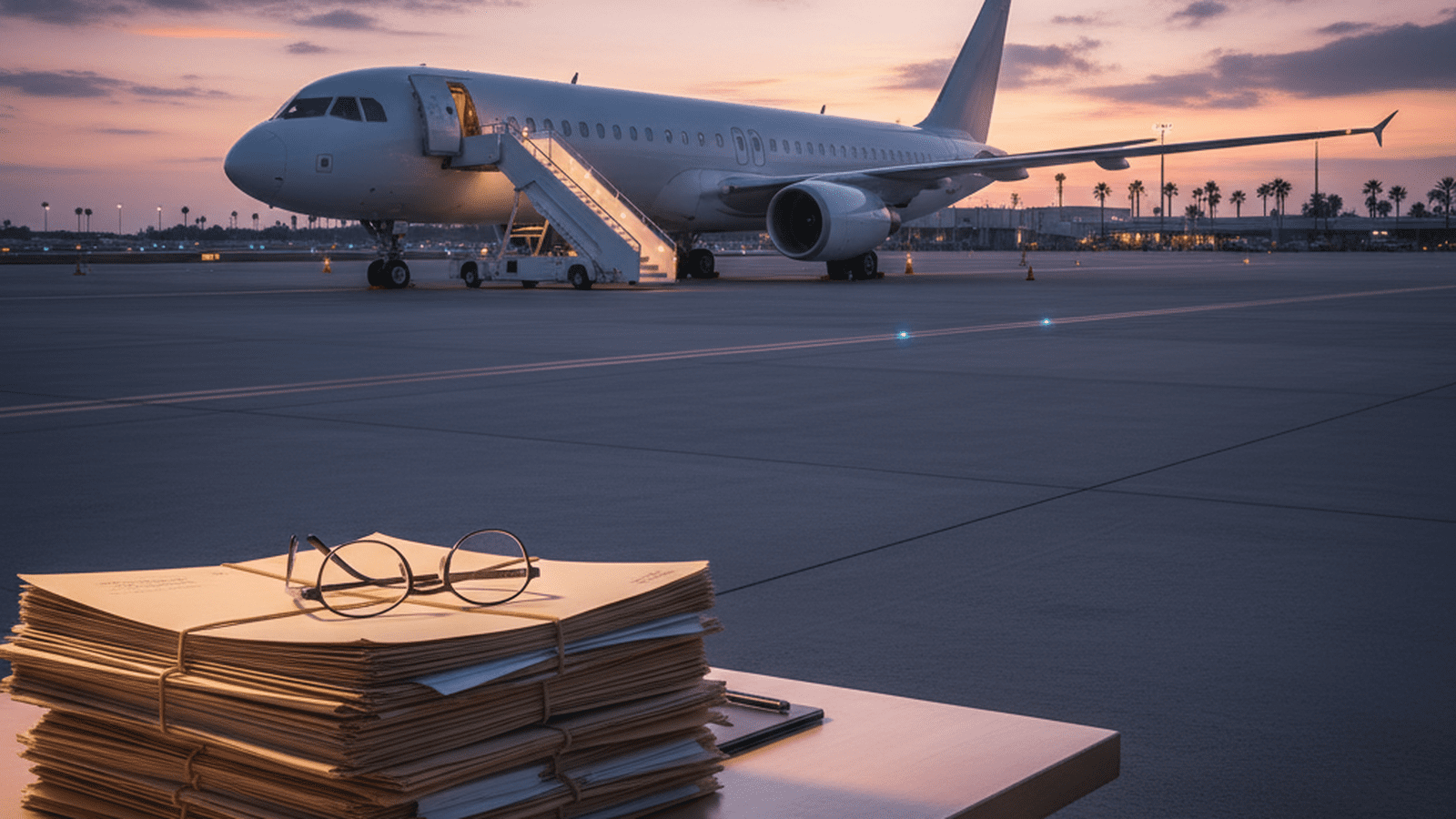 A charter plane sits on a modern airport tarmac next to a desk with organized files.