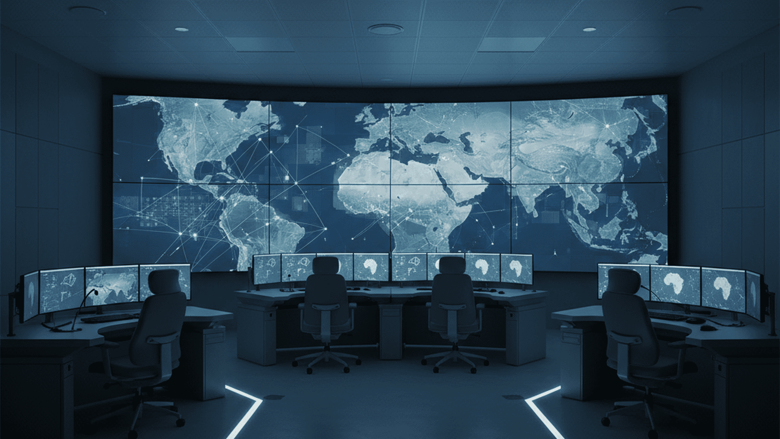 A high-tech military command center displays maps of the Middle East on large digital screens.