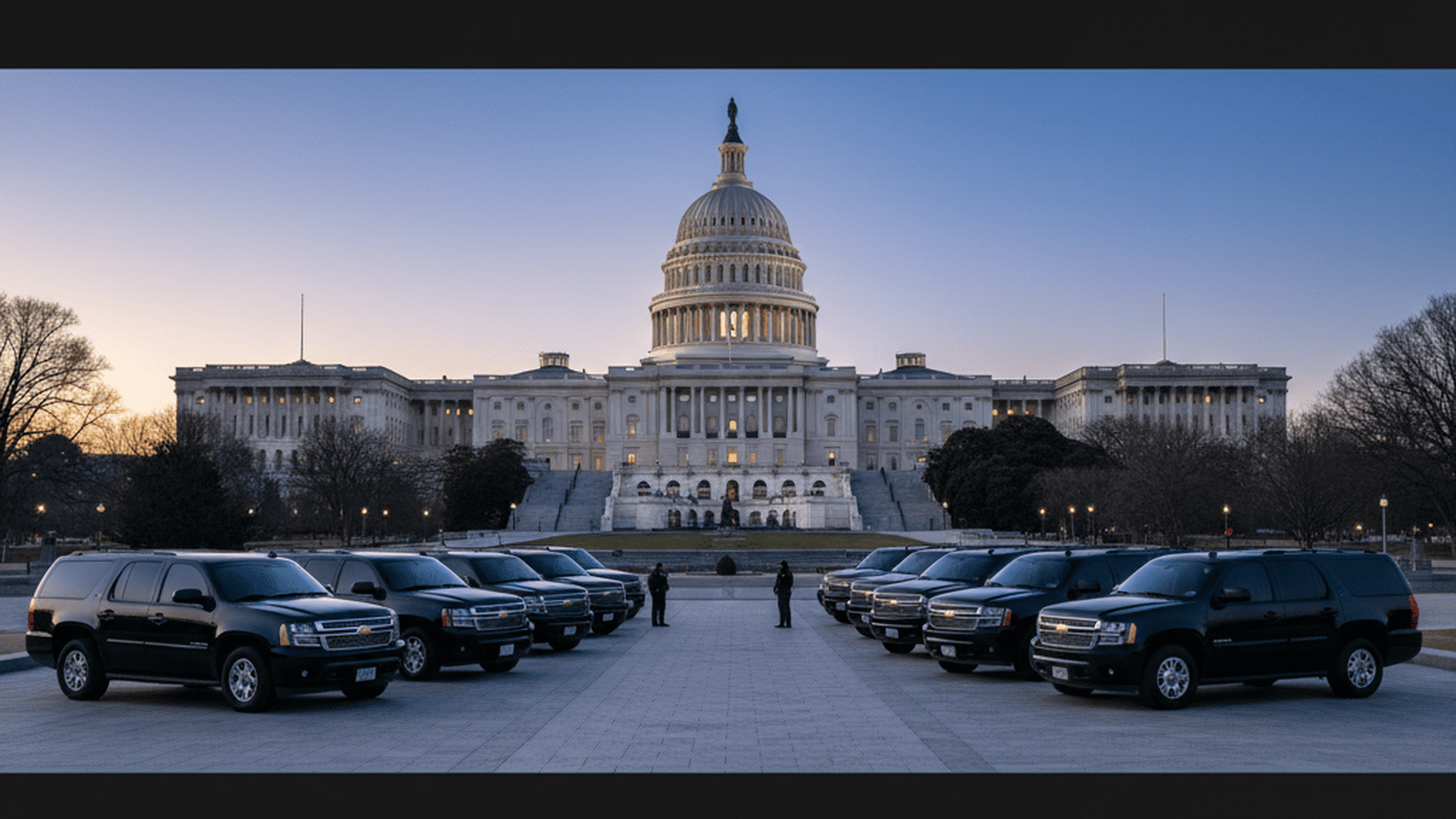 A line of black government vehicles parked in front of the U.S. Capitol building during a sunset.