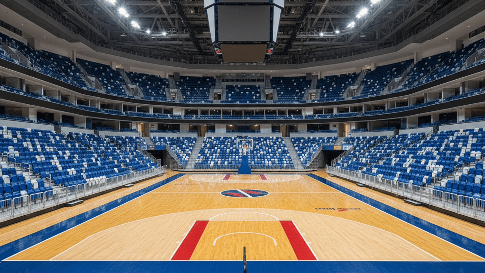 A high-resolution view of a professional basketball court prepared for a national tournament.