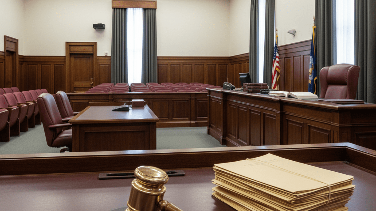 A clean and professional federal courtroom setting featuring a gavel and legal documents.