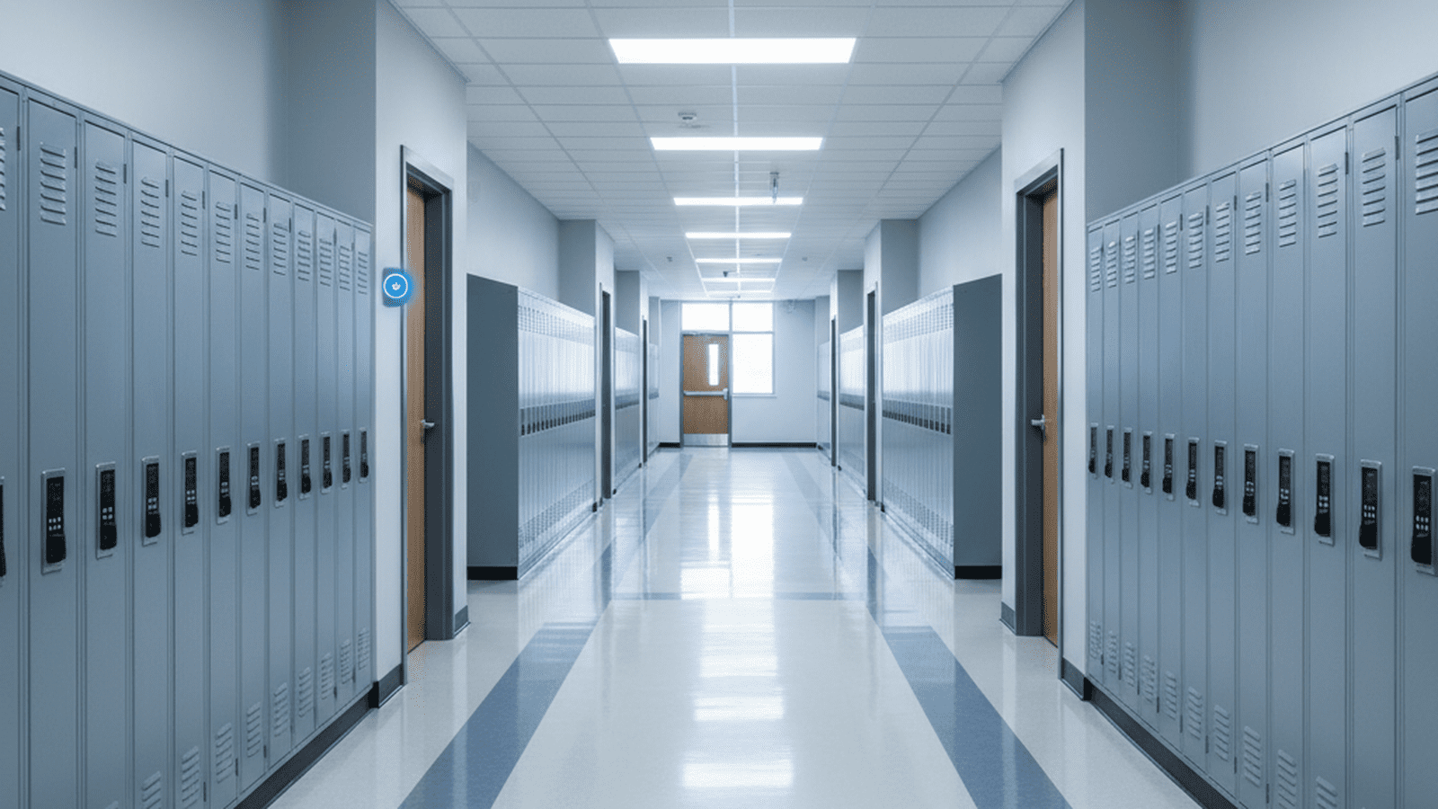 A clean, modern high school hallway featuring a wall-mounted emergency panic button.