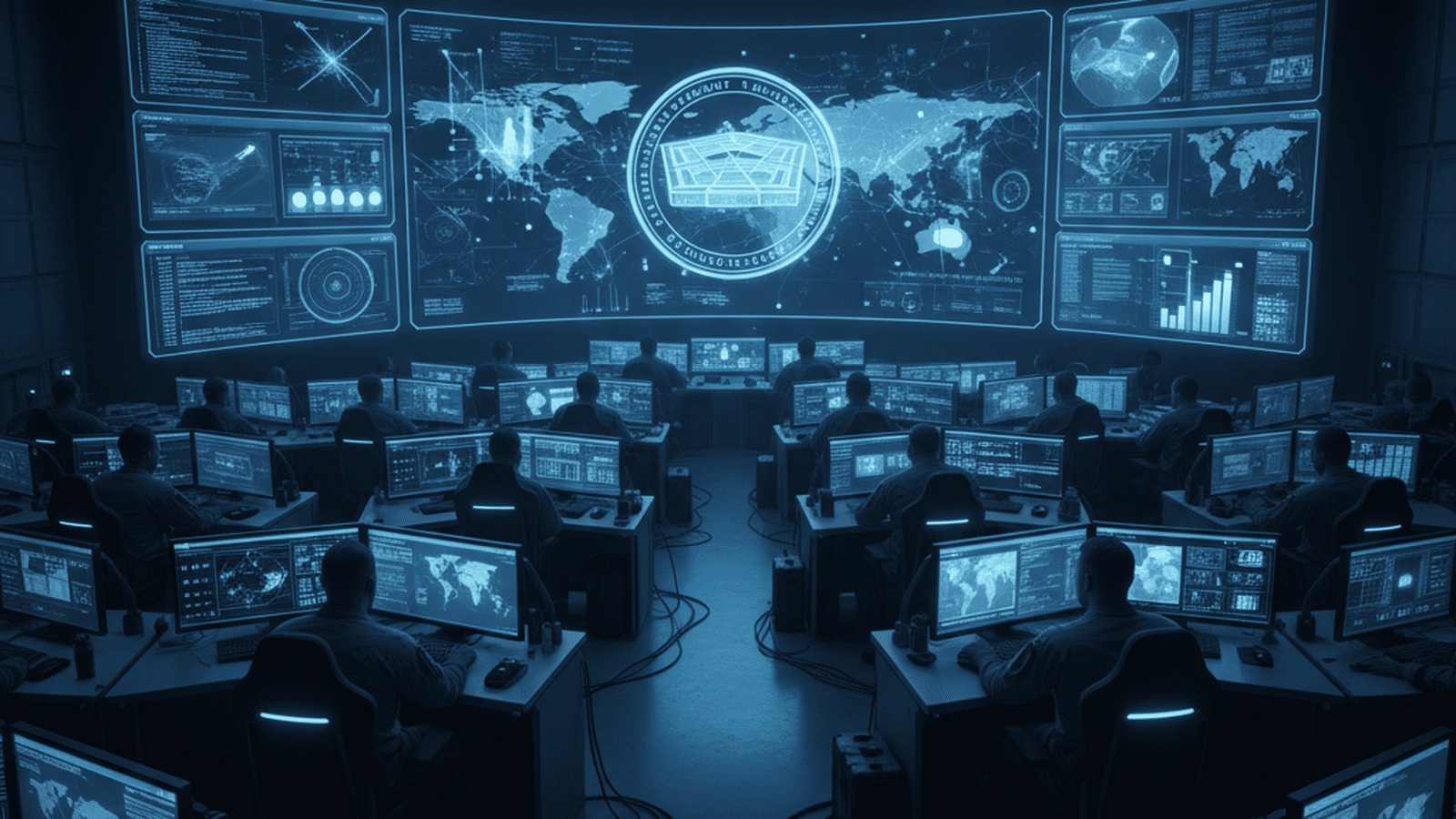 A modern military command center with digital displays focused on national security data.