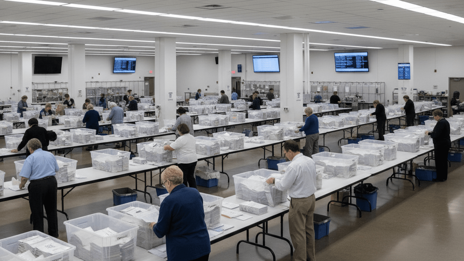 An orderly and brightly lit election counting center with workers processing ballots at organized tables.