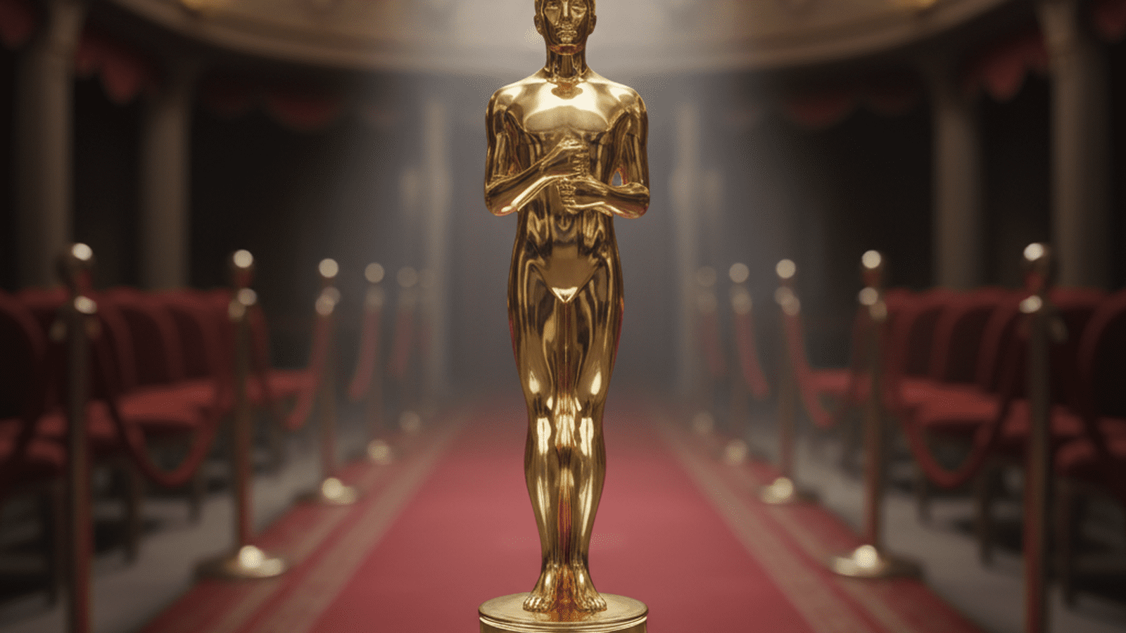 A gold award statue stands on a marble pedestal under a single spotlight in a theater.