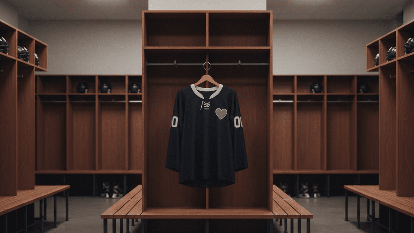 A hockey jersey with a memorial heart patch hangs in a clean locker room.